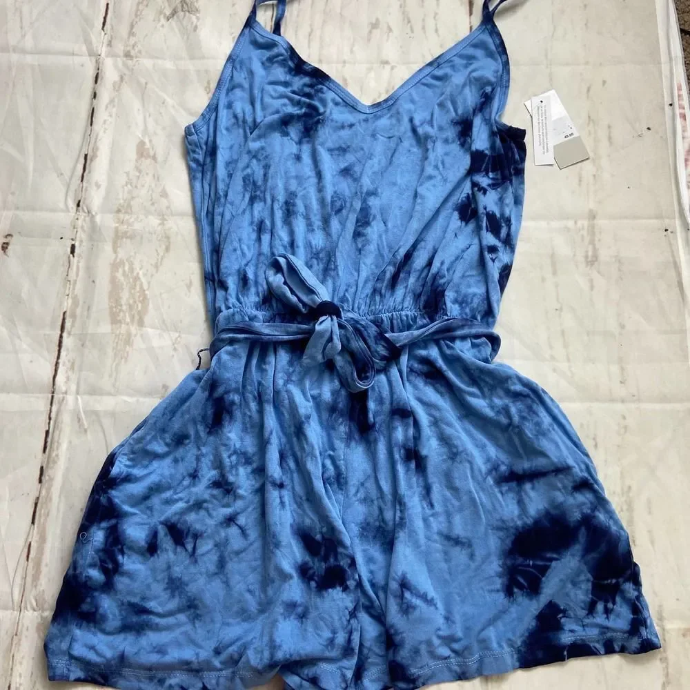 BP Blue Tie Dye Tie Waist Spaghetti Strap Romper vacation casual NWT womens S